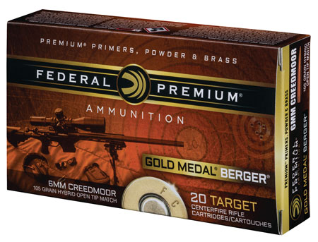 [604544630329] Federal GM65CRDBH1 Premium Gold Medal 6mmCreedmoor 105gr Berger Hybrid Open Tip Match 20 Per Box/10 Case