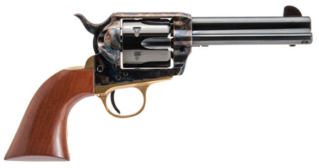 [844234129904] Cimarron PPP45 Pistolero  45 Colt (LC) 6 Shot, 4.75" Blued Barrel  &  Cylinder, Wide Front Sight, Color Case Hardened Steel Frame, Brass Backstop  &  Trigger Guard, Walnut Grip