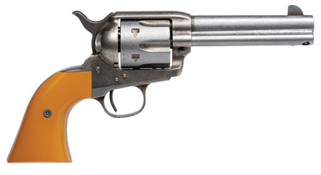 [844234108954] Cimarron RS410 Hollywood Series Rooster Shooter 45 Colt (LC) 6 Shot, 4.75" Trail Worn Blued Steel Barrel, Cylinder  &  Frame, Wide Front Sight, Aged-Looking Orange Finger Grooved Grip