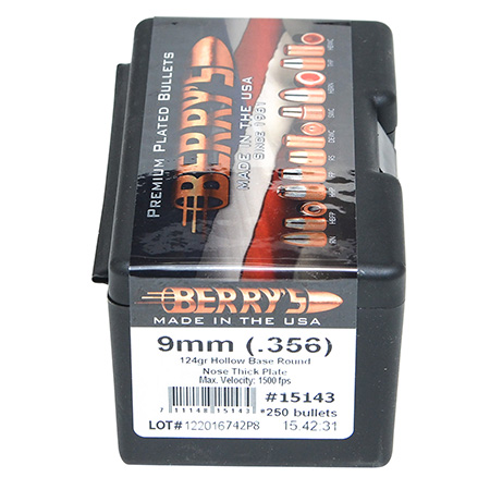 [711148151430] Berry's 15143 Superior Pistol 9mm/356 124gr Hollow Base Round Nose Thick Plate 250/Box