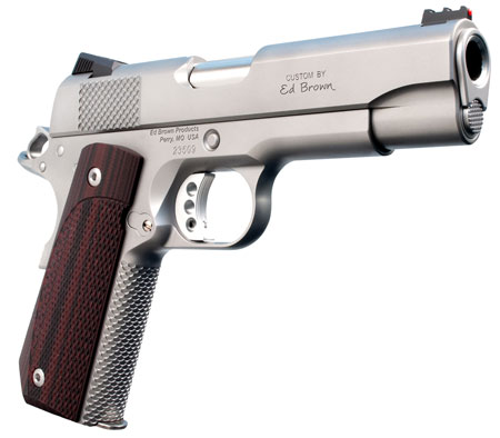 [800732700731] Ed Brown KC18SS 1911 Kobra Carry Serrated Frame 45 ACP 7+1 4.25" Stainless Recessed Crown Barrel, Matte Stainless Serrated Steel Slide  &  Frame, Laminate Wood Grip, Right Hand