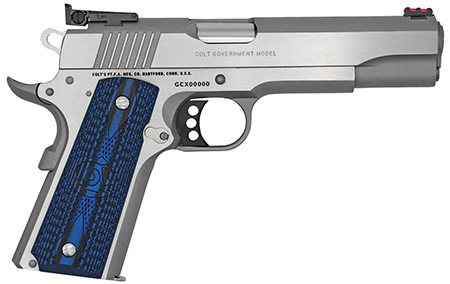 [098289111982] Colt Mfg O5073GCL Gold Cup Lite  38 Super 8+1 5" Stainless National Match Barrel, Stainless Steel Serrated Slide, Stainless Steel Frame w/Beavertail, Blue Scalloped G10 Grip, Ambidextrous