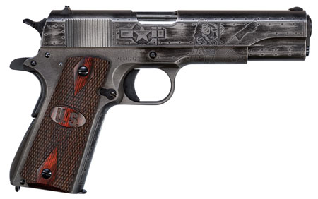 [602686421881] Thompson 1911BKOWC1 1911 Victory Girls 45 ACP 5" 7+1 Worn Black/Gray Cerakote Steel Checkered Wood w/US Logo Grip