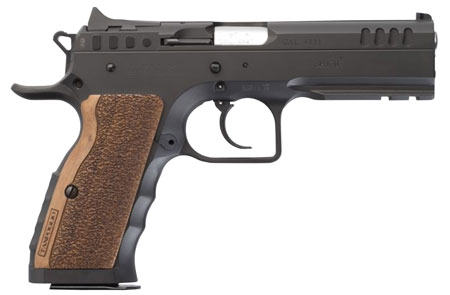 [8051770130000] Tanfoglio IFG TFSTOCKI9 Defiant Stock I 9mm Luger Caliber with 4.50" Barrel, 16+1 Capacity, Overall Black Finish Steel, Picatinny Rail/Beavertail Frame, Serrated Slide  &  Wood Grip