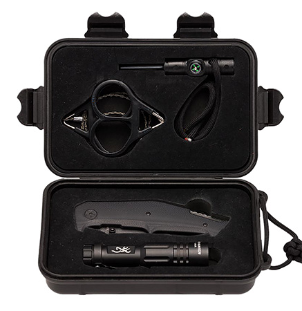 [023614490814] Browning 3220288 Outdoorsman Survival Kit 3.50" Folding Drop Point Plain Black Stonewashed 8Cr13MoV SS Blade/Black G10 Handle Includes Storage Case/Flashlight/Wire Saw/Fire Flint/Compass/Whistle