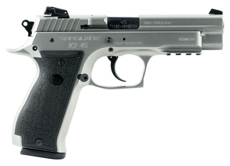 [858763007350] SAR USA K245ST K2  45 ACP 14+1, 4.70" Black Steel Barrel, Stainless Steel Serrated Slide, Stainless Steel Frame w/Beavertail  &  Picatinny Rail, Black Polymer Grip, Manual Thumb Safety, Right Hand