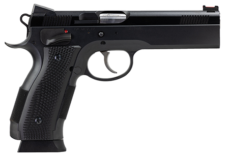 [806703917313] CZ-USA 91731 A01-LD  Full Size Frame 9mm Luger 19+1 4.93" Black Match Grade Bull Barrel, Blued Serrated Steel Slide, Blued Steel Frame w/Beavertail, Black Checkered Polymer Grip