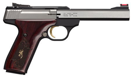 [023614735618] Browning 051543490 Buck Mark Medallion 22 LR 10+1 5.50" Blackened SS Slab Side Barrel, Stainless Steel Serrated SS Slide, Matte Black Aluminum Frame, Checkered Rosewood w/Gold BuckMark Inlay Grip