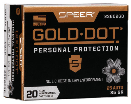 [604544647174] Speer 23602GD Gold Dot Personal Protection 25ACP 35gr Hollow Point 20 Per Box/10 Case