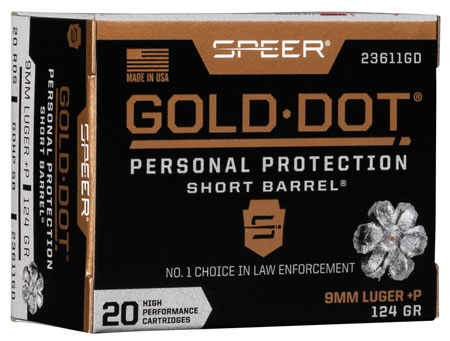 [604544647204] Speer 23611GD Gold Dot Personal Protection Short Barrel 9mmLuger+P 124gr Hollow Point 20 Per Box/10 Case