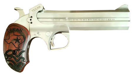 [855959005367] Bond Arms BATX Texan  Derringer Single 45 Colt (LC)/410 Gauge 2rd, 6" Stainless Steel Double Barrel  &  Frame, Blade Front/Fixed Rear Sights, Custom Engraved Rosewood Grip, Manual Safety