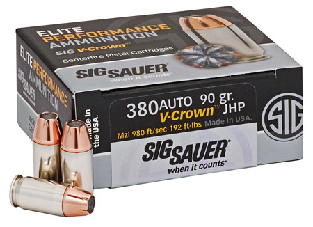 [798681537716] Sig Sauer E380A150 Elite Performance  380ACP 90gr V-Crown Jacketed Hollow Point 50 Per Box/10 Case