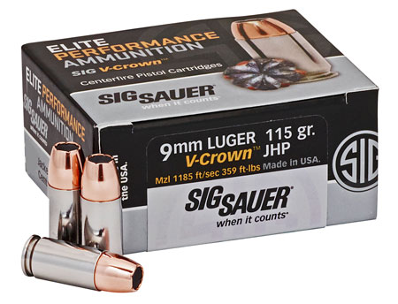 [798681501731] Sig Sauer E9MMA150 Elite Performance  9mmLuger 115gr V-Crown Jacketed Hollow Point 50 Per Box/10 Case