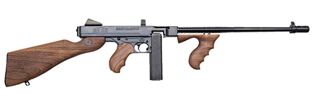 [602686212083] Thompson T5100D 1927A-1  45 ACP Caliber with 16.50" Barrel, 20+1 Capacity (Stick), 100+1 Capacity (Drum), Blued Metal Finish, American Walnut Stock Wood Grip Right Hand