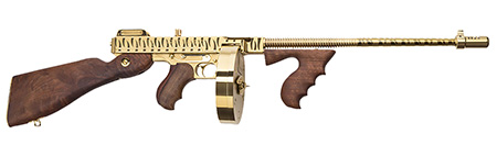 [602686214230] Thompson T150DTGTS 1927A-1 Deluxe 45 ACP Caliber with 16.50" Barrel, 20+1 Capacity (Stick), 50+1 Capacity (Drum), Gold w/Tiger Stripe Metal Finish, American Walnut Stock Wood Grip Right Hand