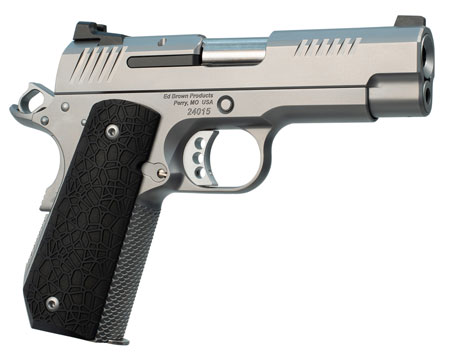 [800732701110] Ed Brown EVOKC9 1911 EVO KC9 9mm Luger 9+1 4" Barrel, Snakeskin Serrated Stainless Steel Bobtail Frame, Serrated Slide w/Recessed Slide Stop, Black G10 Grip