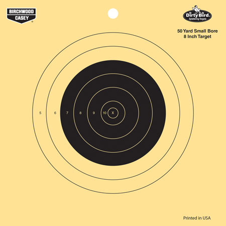 [029057358155] Birchwood Casey 35815 Dirty Bird  8" Bullseye Tagboard Hanging 50 yds Small Bore Rifle Black/Yellow 25 Per Pkg