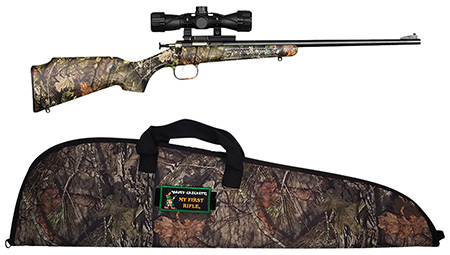 [611613121633] Crickett KSA2163BSC Youth Package 22 LR 1rd 16.12" Blued Barrel/Receiver, Mossy Oak Break-Up Synthetic Stock, Rebounding Firing Pin Safety Includes 4x32mm Scope, Scope Mount  &  Soft Case