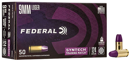 [604544650075] Federal AE9SJ4 Syntech Training Match 9mmLuger 124gr Total Syntech Jacket Flat Nose 50 Per Box/10 Case