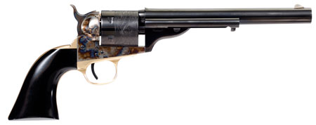 [810012511797] Taylors  &  Company 550714 Cavalier Open-Top 38 Special Caliber with 7.50" Blued Finish Barrel, 6rd Capacity Blued Finish Cylinder, Color Case Hardened Finish Steel Frame  &  Black Polymer Grip