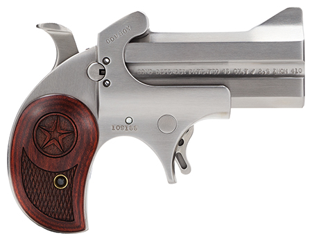 [855959001178] Bond Arms BACD Cowboy Defender 45 Colt (LC)/410 Gauge 2rd 3" Barrel, Stainless Metal Finish, Blade Front/Fixed Rear Sights, Laminated Rosewood Grip, No Trigger Guard, Manual Safety