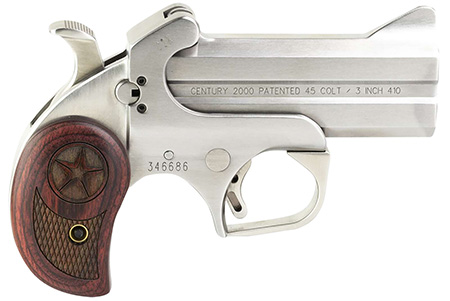 [855959001147] Bond Arms BAC2K Century 2000 45 Colt (LC)/410 Gauge 2rd 3.50"  Stainless Steel Double Barrel  &  Frame, Auto Extractor  &  Rebounding Hammer, Blade Front/Fixed Rear Sights, Rosewood Grip, Manual Safety