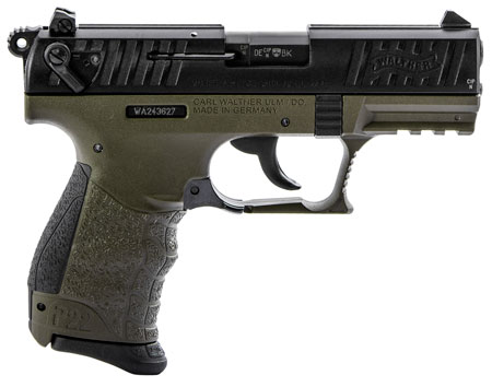 [723364214554] Walther Arms 5120715 P22 Q Military 22 LR 10+1 3.42" Steel/Threaded Barrel, Matte Black Tenifer Serrated/Steel Slide, OD Green Polymer Frame w/Picatinny Rail, Black Interchangeable Backstrap Grips
