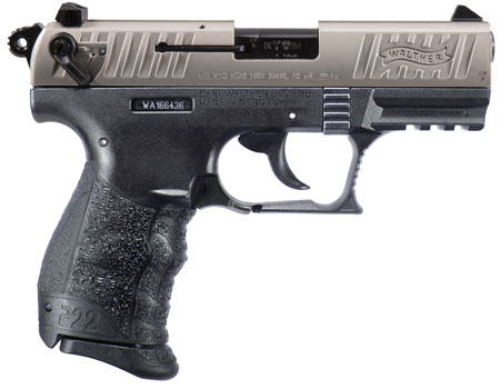 [723364214561] Walther Arms 5120725 P22 Q 22 LR 10+1 3.42" Steel/Threaded Barrel Nickel Serrated/Steel Slide, Black Polymer Frame w/Picatinny Rail, Black Interchangeable Backstrap Grips