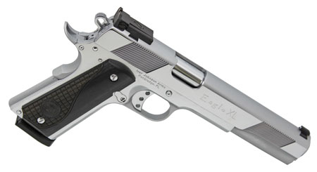 [712195498363] Iver Johnson Arms EAGLEXLC45 Eagle XL 45 ACP 8+1 6" Steel Barrel, Bright Chrome High Polished Long/Serrated Steel Slide  &  Frame w/Beavertail, Diamondwood Walnut w/Integrated Logo Grip, Right Hand