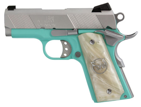 [712195498462] Iver Johnson Arms THRASHERTB9 1911 Thrasher Officer 70 Series 9mm Luger 3.13" 8+1 Tiffany Blue Cerakote Silver Cerakote White Synthetic Pearl Grip