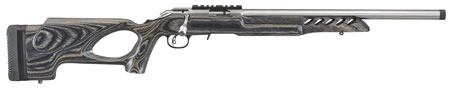 [736676083664] Ruger 8366 American Rimfire Target Full Size 22 LR 10+1 18" Satin Stainless Threaded Bull Barrel, Satin Stainless Scope Rail Receiver, Black Wood Thumbhole Stock, Right Hand