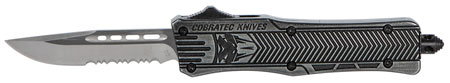 [099654022100] CobraTec Knives SSWCTK1SDS CTK-1  Small 2.75" OTF Part Serrated D2 Steel Blade/Black Stonewashed Aluminum Handle Features Glass Breaker Includes Pocket Clip