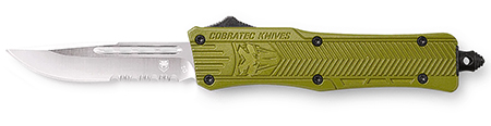 [099654021967] CobraTec Knives SODCTK1SDS CTK-1 Small 2.75" OTF Drop Point Part Serrated D2 Steel Blade/OD Green Aluminum Handle Features Glass Breaker Includes Pocket Clip