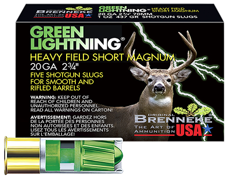 [4030128200170] Brenneke SL202HFSGL Green Lightning Heavy Field Short Magnum 20Gauge 2.75" 1oz Slug Shot 5 Per Box/50 Case