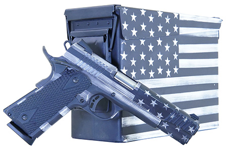 [682146282160] Citadel CITC45FUSGAC M1911 Flag 45 ACP 8+1, 5" Stainless Steel Barrel, American Flag Gray Cerakote Serrated Steel Slide, Steel Frame w/Beavertail, Matching Ammo Can, Ambidextrous