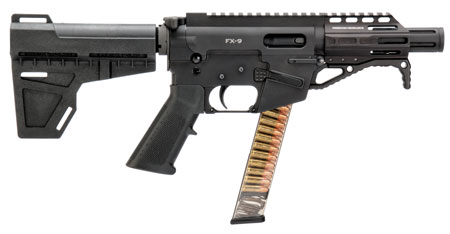 [856169007066] Freedom Ordnance FX9P4 FX-9  9mm Luger 31+1 4.50" Black Nitride Chromoly Steel Barrel Black Hard Coat Anodized Black KAK Shockwave Pistol Brace Black Polymer Grips Right Hand