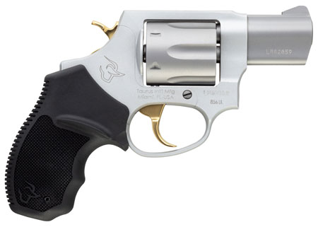 [725327932871] Taurus 2-856029ULGLD 856 Ultra-Lite Small 38 Special 6 Shot 2" Matte Stainless Steel Barrel, Cylinder  &  Frame, Gold Accents, Black Finger Grooved Rubber Grip, Transfer Bar Safety, Exposed Hammer