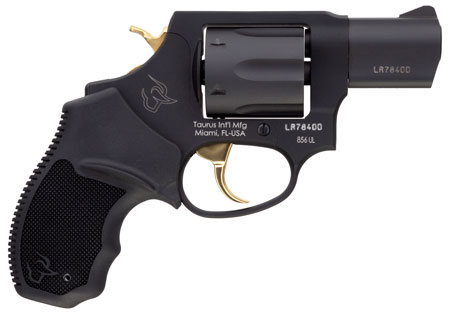 [725327932888] Taurus 2-856021ULGLD 856 Ultra-Lite 38 Special Caliber with 2"  Barrel, 6rd Capacity Cylinder, Overall Matte Black Metal Finish, Gold Trigger/Hammer Frame  &  Finger Grooved Black Rubber Grip