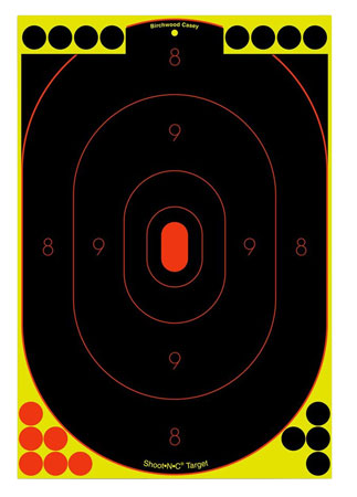 [029057346039] Birchwood Casey 34603 Shoot-N-C Reactive Target Self-Adhesive Paper Black/Yellow/Red 12"x18" Oval Silhouette 100 Pack