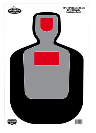 [029057357127] Birchwood Casey 35712 Dirty Bird BC-19 Silhouette Paper Hanging Pistol 12" x 18" Black/Gray/Red White Impact Splatter 100 Per Pkg