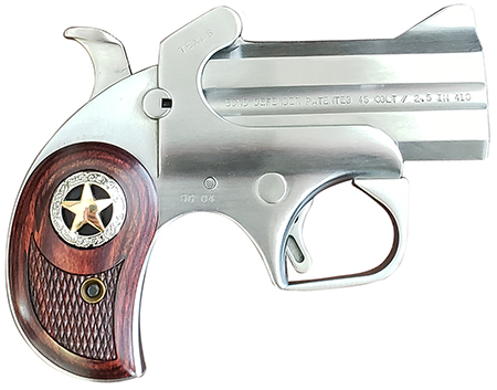 [855959004766] Bond Arms BARD Rustic Defender  45 Colt (LC) Caliber or 2.50" 410 Gauge 2rd 3" Barrel, Stainless Steel Finish, Rosewood Grip w/Integrated Star, Includes Exclusive Holster Package