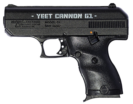 [752334091826] Hi-Point 916G1YC YC9 Gen1 9mm Luger 8+1 3.50" Black Steel Barrel, Black Serrated w/Engraving Steel Slide, Black Polymer Frame  &  Grip, Right Hand