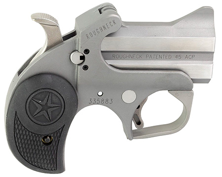 [855959008955] Bond Arms BARN Roughneck  45 ACP 2rd 2.50" Stainless Steel  Double Barrel  &  Frame, Rebounding Hammer, Blade Front/Fixed Rear Sights, Black Rubber Grip, Manual Safety