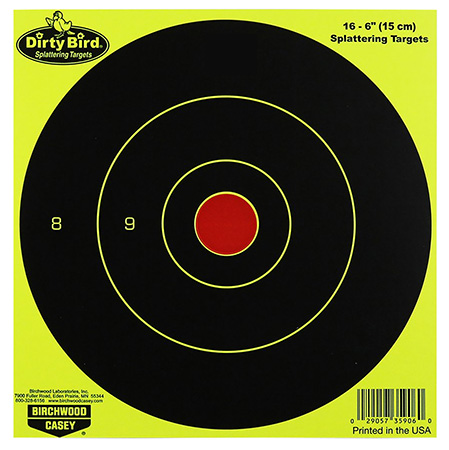 [029057359060] Birchwood Casey 35906 Dirty Bird  6" Bullseye Paper Hanging Pistol/Rifle Black/Yellow 16 Per Pkg