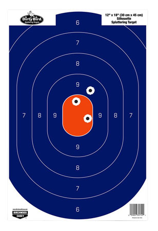[029057357202] Birchwood Casey 35720 Dirty Bird  Silhouette Tagboard Hanging Pistol 12" x 18" Blue/Orange White Impact Splatter 50 Per Pkg