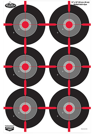 [029057357059] Birchwood Casey 35705 Dirty Bird  Multiple Bullseye Tagboard Hanging Pistol 12" x 18" Black/Red/Gray White Impact Splatter 8 Per Pkg