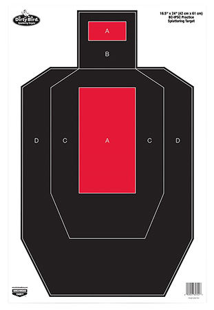 [029057357431] Birchwood Casey 35743 Dirty Bird  IPSC Tagboard Hanging Pistol 16.50" x 24" Black/Red White Impact Splatter 3 Per Pkg