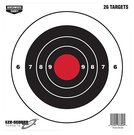 [029057378269] Birchwood Casey 37826 EZE-Scorer  8" Bullseye Paper Hanging Black/Red 26 Per Pkg