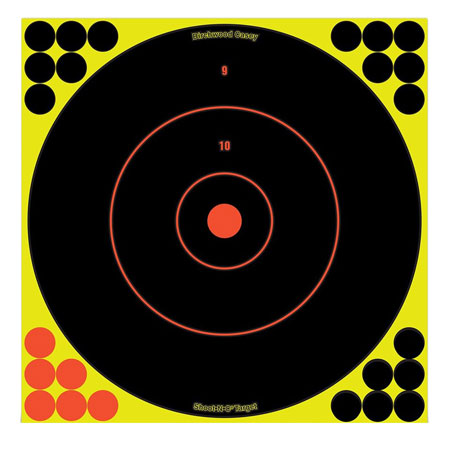 [029057340709] Birchwood Casey 34070 Shoot-N-C Reactive Target Self-Adhesive Paper Black/Yellow/Red 12" Bullseye 100 Pack