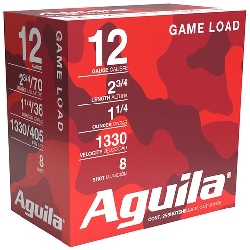 [640420002743] Aguila 1CHB1208 Game Load  12Gauge 2.75" 1 1/4oz 8Shot 25 Per Box/10 Case